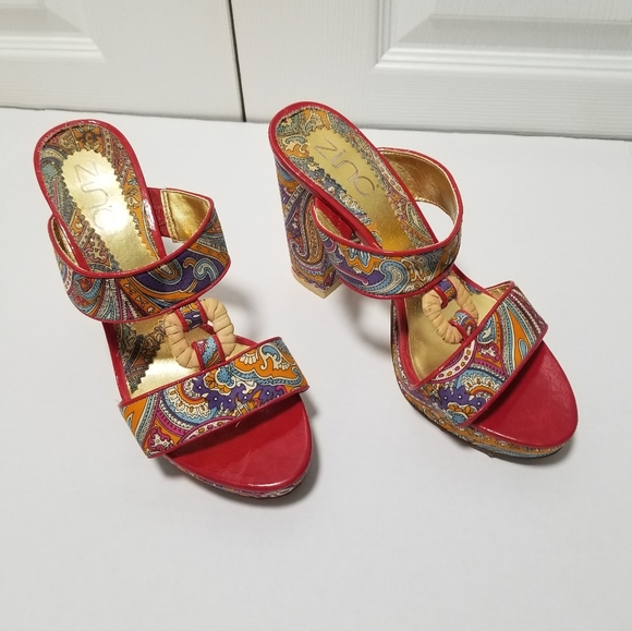 Zinc, Platform Sandals 6 1/2 Parsley Prnt, Chunky Heels, Red Trim - Picture 3 of 8